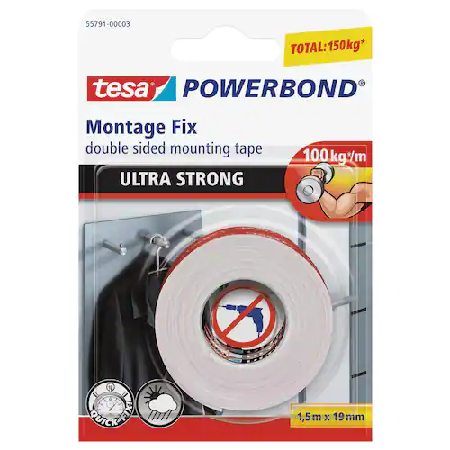 tesa® Powerbond® Ultra Strong dubbelsidig fästtejp, vit, 19 mm x 1,5 m, 55791