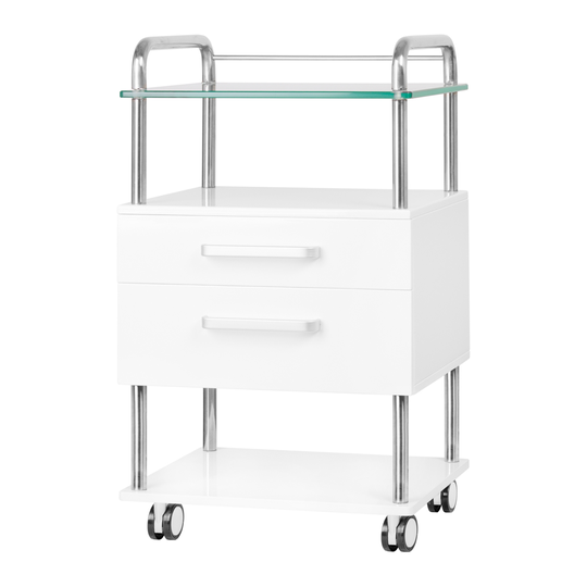 Vagn med hjul - 2 lådor och hyllplan i glas - 6052 - Vit