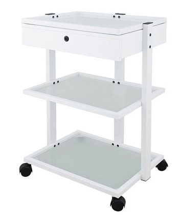 Elegant vagn med vitlackerad stålram med 3 hyllor av glas och en låda - FACILE +
