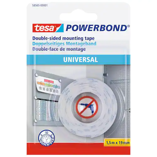 tesa® Dubbelsidig fästtejp, Powerbond® Universal, vit, 19 mm x 1,5 m, 58565