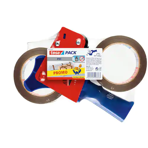 tesa® Tejphållare för packtejp, ECONOMY-handtejphållare, blå och röd, med tesapack® Ultra Strong förpackningstejp i PVC, brun, 2 rullar, 50 mm x 60 m
