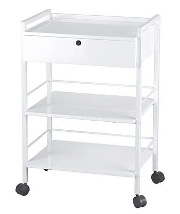 Vagn med vitlackerad stålram - 3 hyllplan och 1 låda - EASY